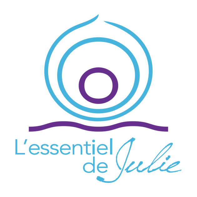 Logo de l'"Essentiel de Julie". Il est composé de 3 ronds (le massage, le coaching sportif et la cryothérapie); d'une vague qui représente l'équilibre et de l'écriture de l'entreprise.