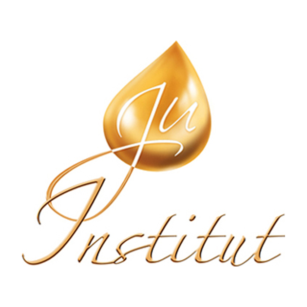 Logo de "Ju Institut", salon d'esthétique et de pédicure médicale. Il est composé d'une goutte d'huile et de l'écriture de l'entreprise.